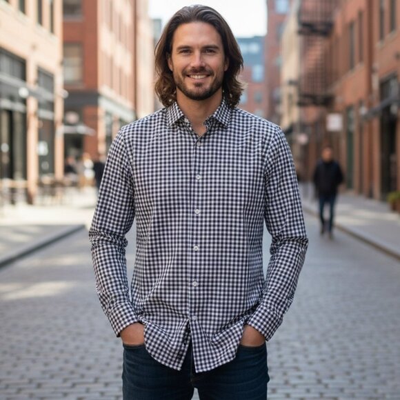 BANANA REPUBLIC Non Iron Slim Fit Button Down Shirt S Blue Brown Gingham Plaid - Picture 12 of 12